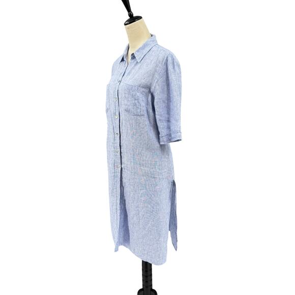 Chico’s Sz 1 Heather Blue Linen Long Line Button Front Side Slit Tunic Shirt - Picture 3 of 16